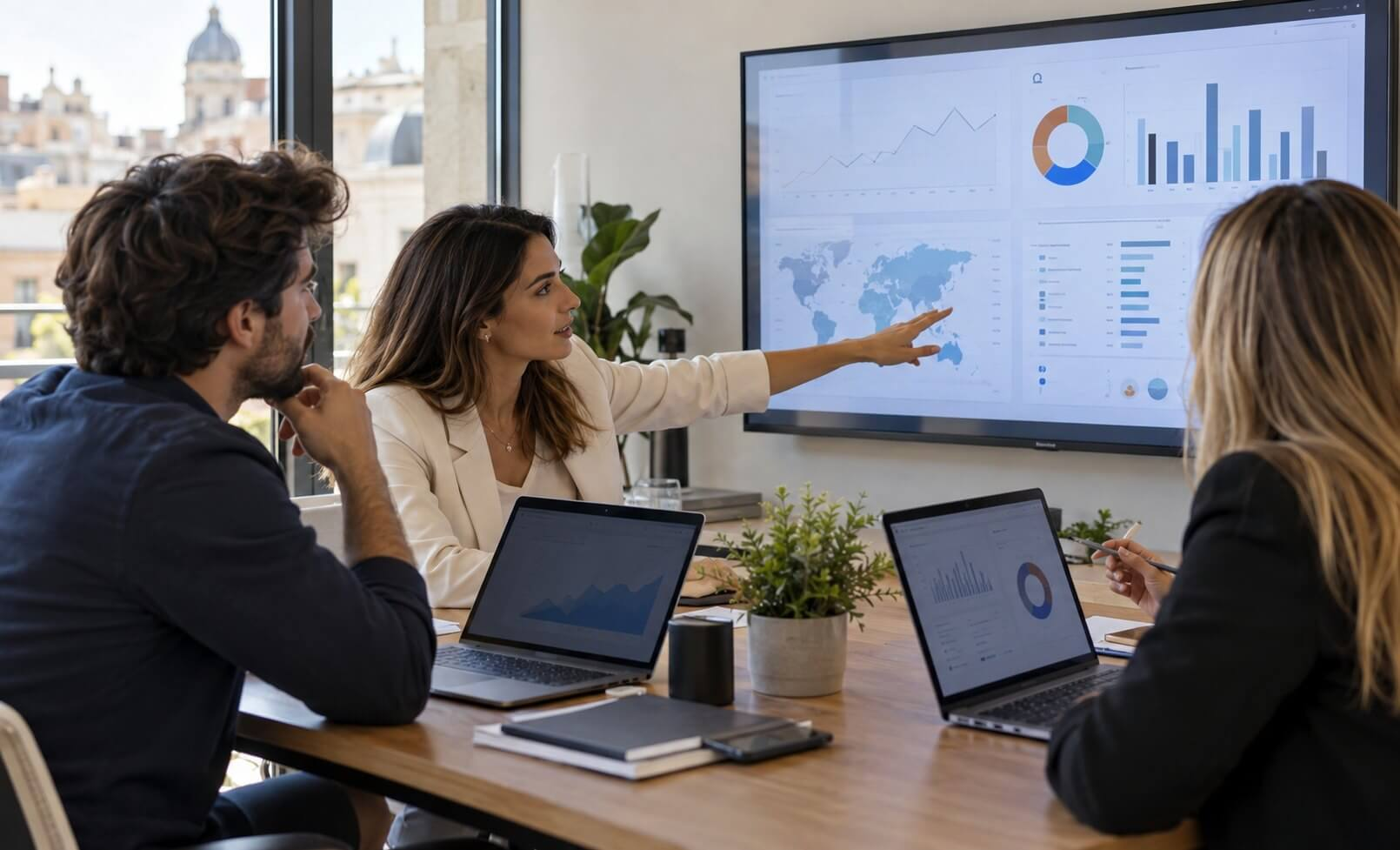 quipo de marketing analizando la visibilidad de una marca en buscadores y herramientas de inteligencia artificial.